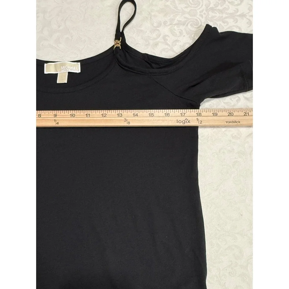 Michael Kors Cold Shoulder Top Womens Small Black Gold Chain Accent Short Sleeve